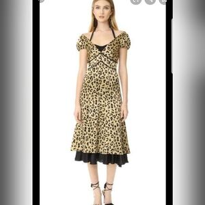 Cinq A Sept Leopard Print Puff-Sleeve Midi Dress in Beige and Black. New 6